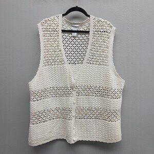 Napa Valley Sweater Vest Womens 2X White Crochet Pearl Button Boho Tank Knit Top